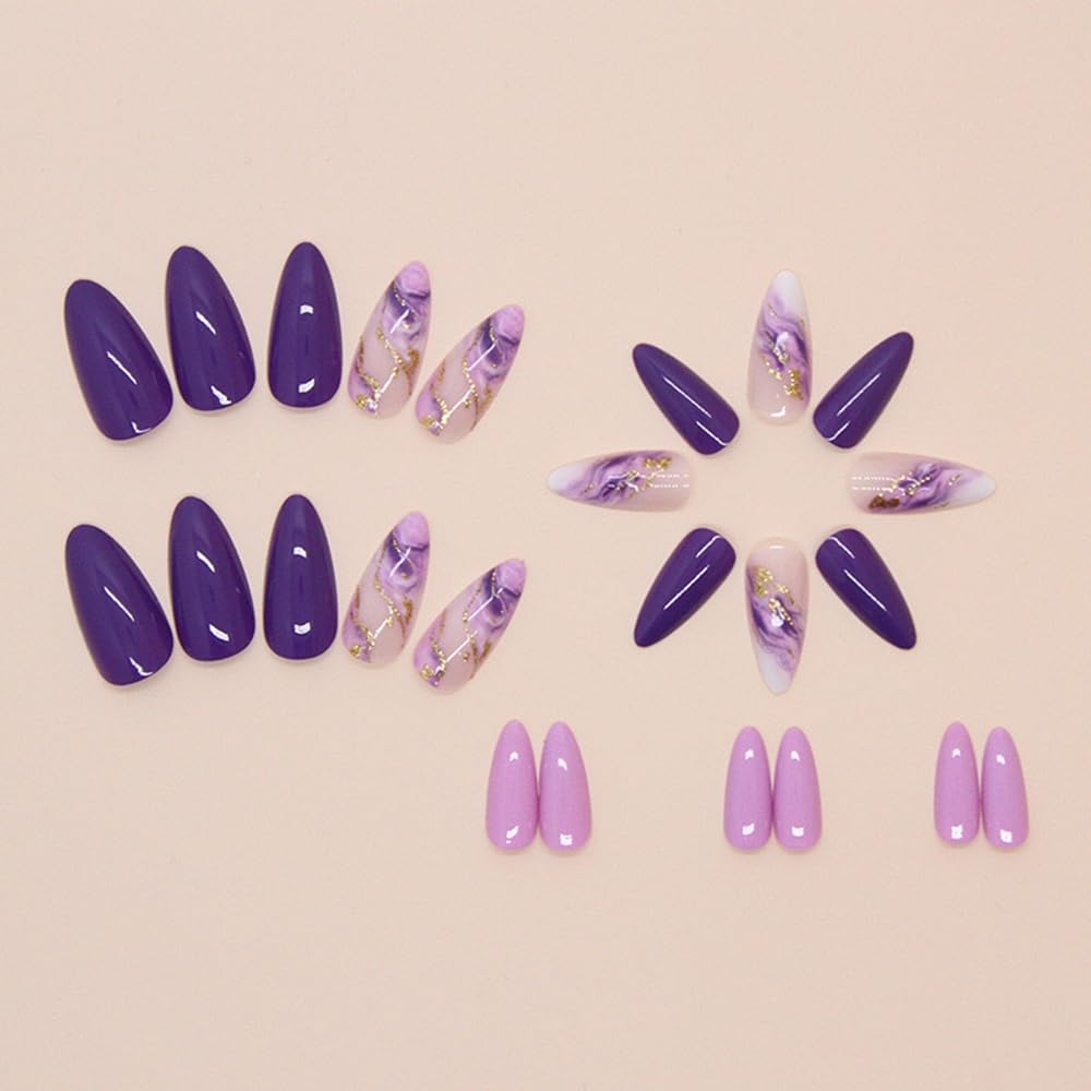 Purple Press on Nails Almond - Medium Fake Nails with Marble Texture Design - Ombre, Glitter Stick on False Nails for Women 24 Pcs