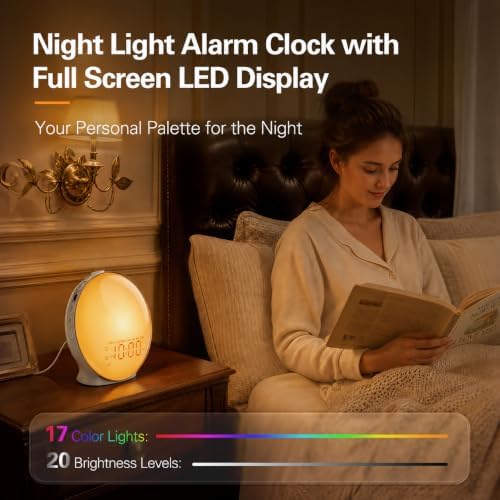 JALL Full-Screen Wake Up Light Sunrise Alarm Clocks for Bedrooms, White Noise Machine for Heavy Sleepers, 25 Natural Sounds, Dual Alarms, FM Radio, 17 Dimmable Colors, Bluetooth Speaker, Metallic Gray