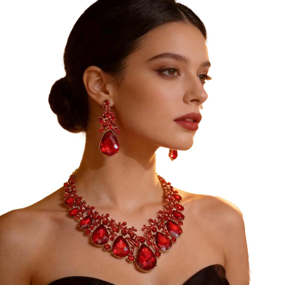 Qlavoca Vintage Crystal Teardrop Necklace Earrings Set - Gothic Statement Jewelry for Wedding Bridal Prom Party(Red-Gold Tone)