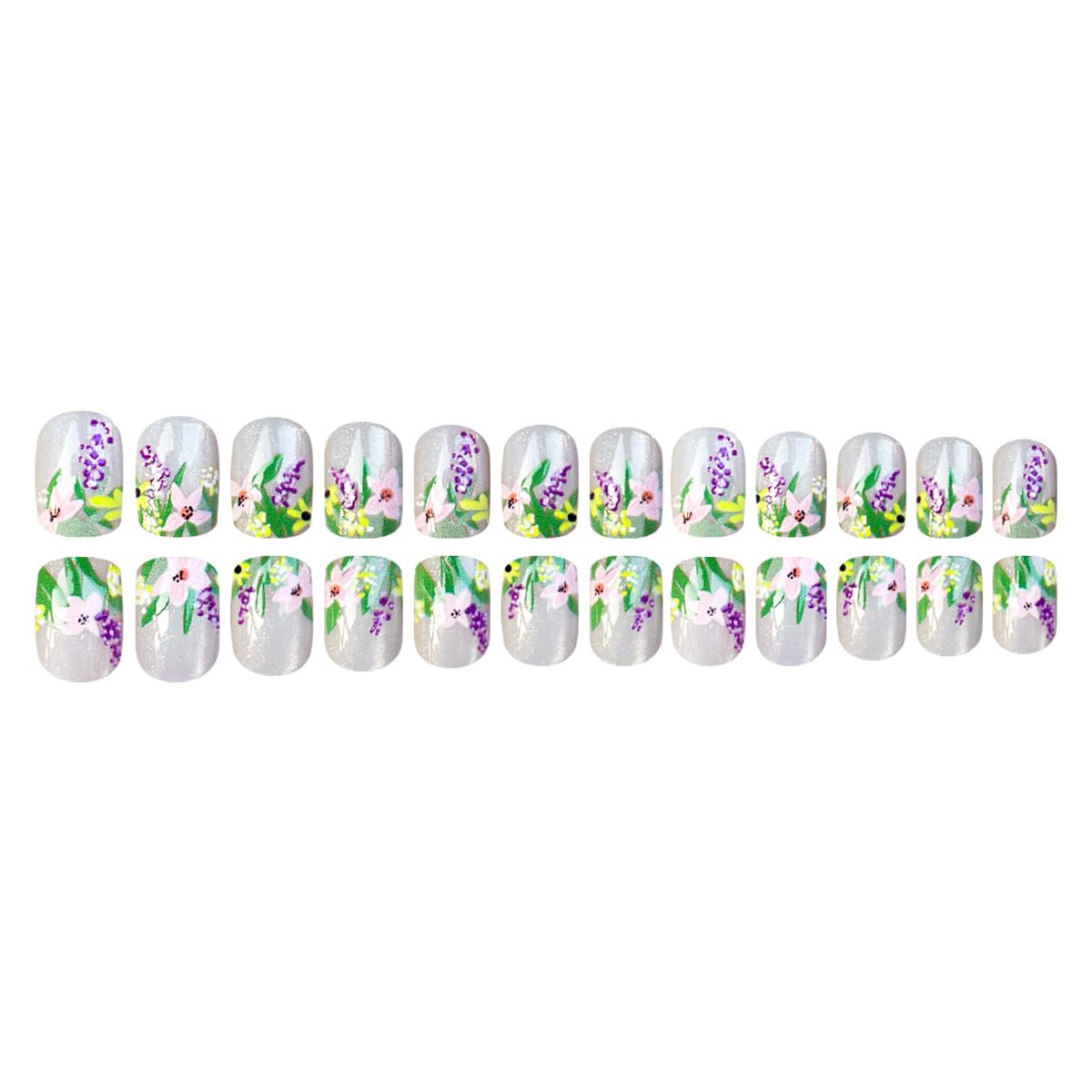 Spring Press on Nails Short Square Fake Nails White Glass Nails Press ons with Wildflower, Lavender Design,Reusable Artificial Nail Full Cover Stick on Nails for Women Manicure 24 Pcs