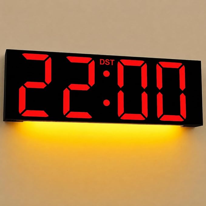 JALL 22" Large Digital Wall Clock, Big LED Display with Night Light, Auto Dimming & DST, Giant Alarm Clock for Seniors, Elderly Parents, Gift for Mom Dad (Black Shell Red Font)