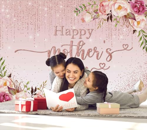 Mocsicka Happy Mother's Day Backdrop Floral Golden Dots Mothers Day Birthday Photography Background for Women Thanks Mother's Day Decorations Photo Booth Props (10x7ft New) - size: 10x7ft-2