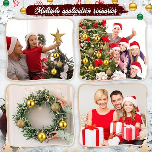 RoundFunny 25 Pcs Mini Christmas Balls Ornaments Set 2.36 Inch Christmas Day Ball Topper Star Tree Hanging Ornaments for Party Decoration(Gold)