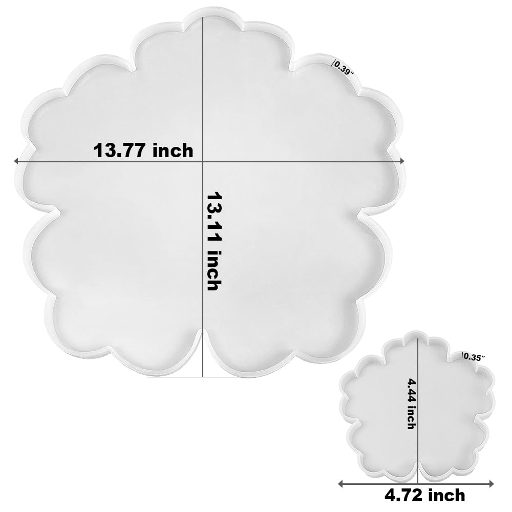 RESINWORLD 13'' Large Floral Tray Mold + 4'' Flower Geode Coaster Silicone Molds (No Designs, 5 Pieces, White, Silicone, Single Piece Construction)