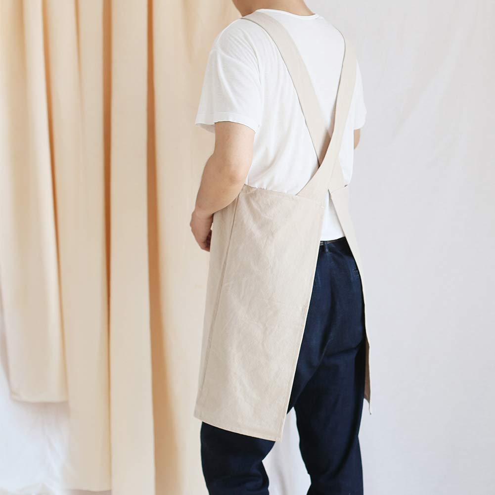 NEWGEM Japanese Linen Cross Back Kitchen Cooking Aprons for Men with Pockets for Baking Painting Gardening Cleaning Khaki
