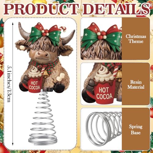 Gejoy Christmas Hot Cocoa Highland Cow Miniature Tree Topper 5.1 Inches Mini Resin Cattle Tree Top Decorations for Rustic Home Farmhouse Holiday Accents Party Decor, Thanksgiving Xmas Gift
