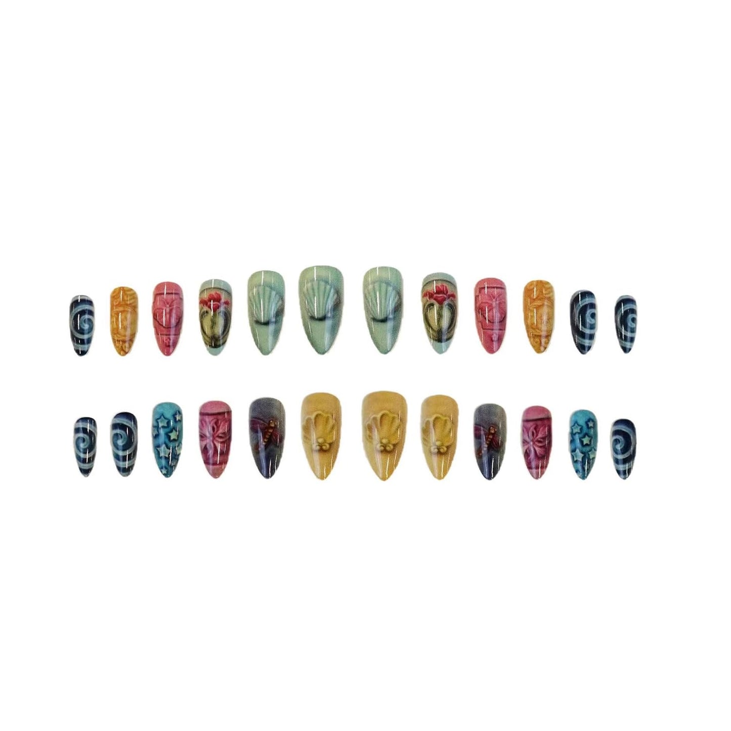Press on Nails Medium Almond SWEKKE Fake Nails False Nails with Flower Vortex Stripes Stars Shell Designs Glossy Glue on Nail Full Cover Acrylic Nails for Women Girls 24Pcs