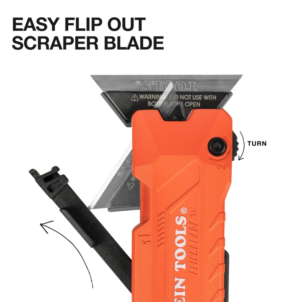 Klein Tools 44306 FLICKBLADE 2-in-1 Folding Utility Knife and Scraper with Built-In Blade Storage, Dual Locking Positions, Includes 3 Triple-Ground Carbon Steel Blades