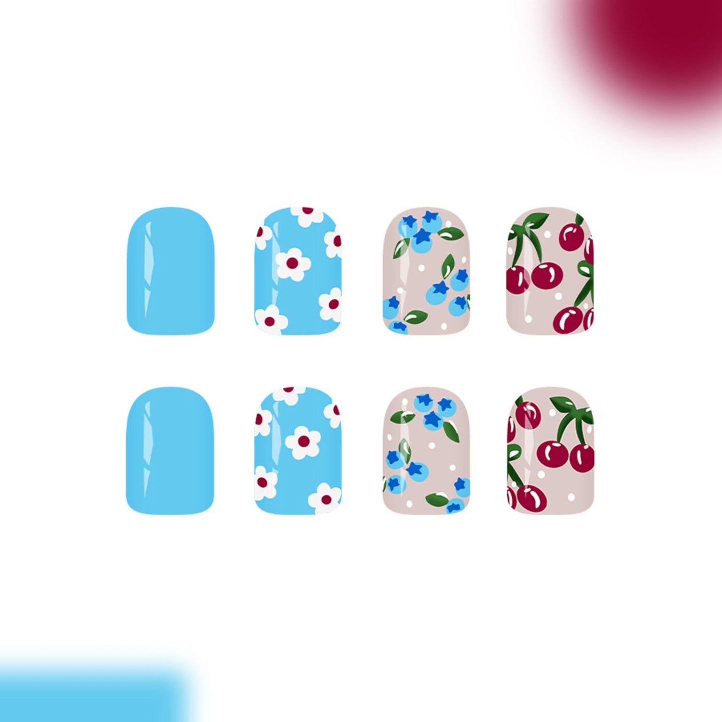 Short Square Press on Nails Bright Blue Base Light Pink Polka Dots Cherry Blue White Flower Surface Fresh Cute Manicure Artificial Nails Suitable for Shiny Elegant Delicate Stylish Pretty 24 Pcs