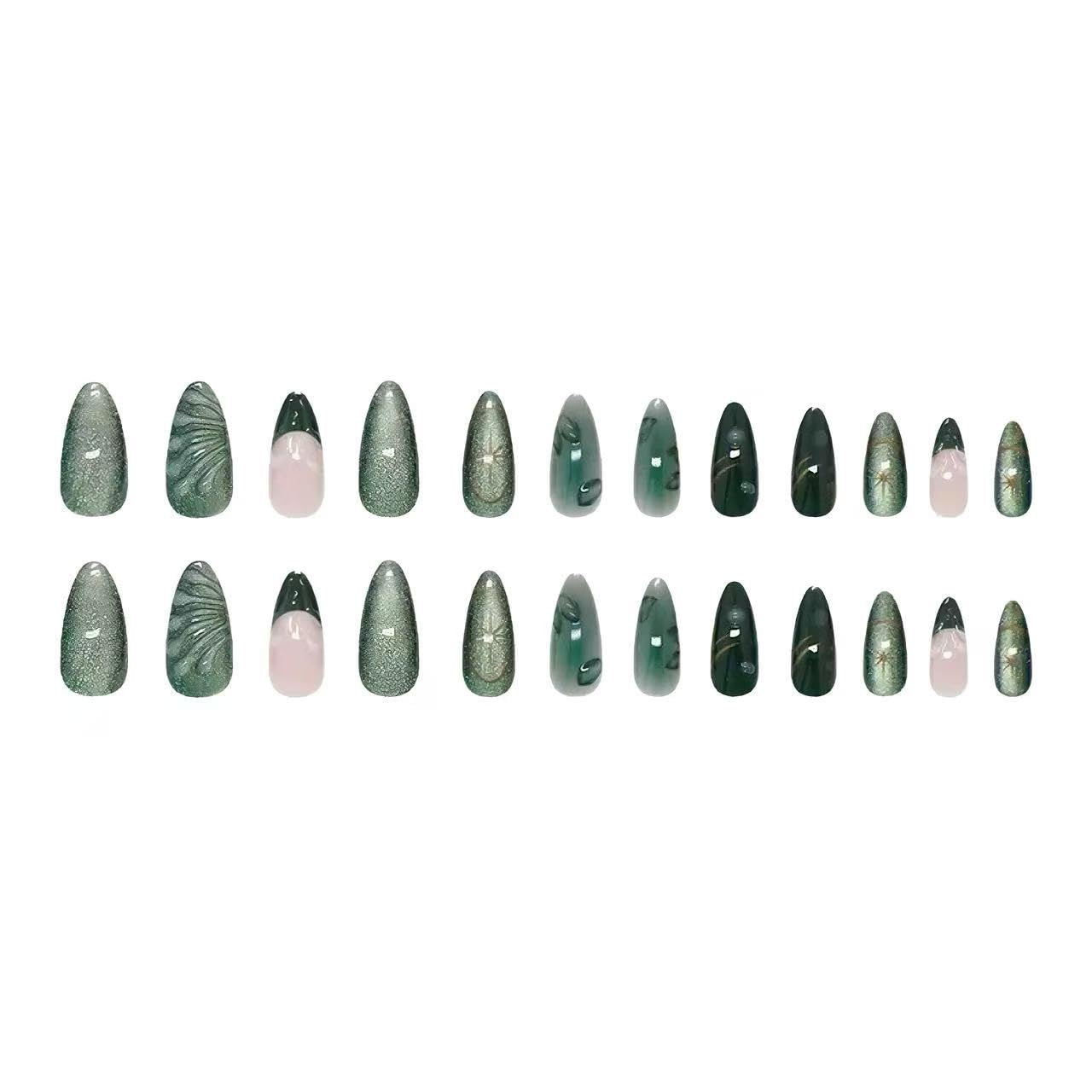 C.Z.Z.T.T.NAILS press-on nail set with jade green cat eye design, pointed tip manicure stickers with 3D droplet effect, 24 reusable women's fake nails, suitable for various occasions