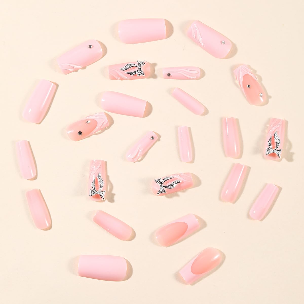 plalely Square French Tip Press on Nails Long Pink Fake Nails Embossed Glossy Bow Stick on Nail Tips for Women