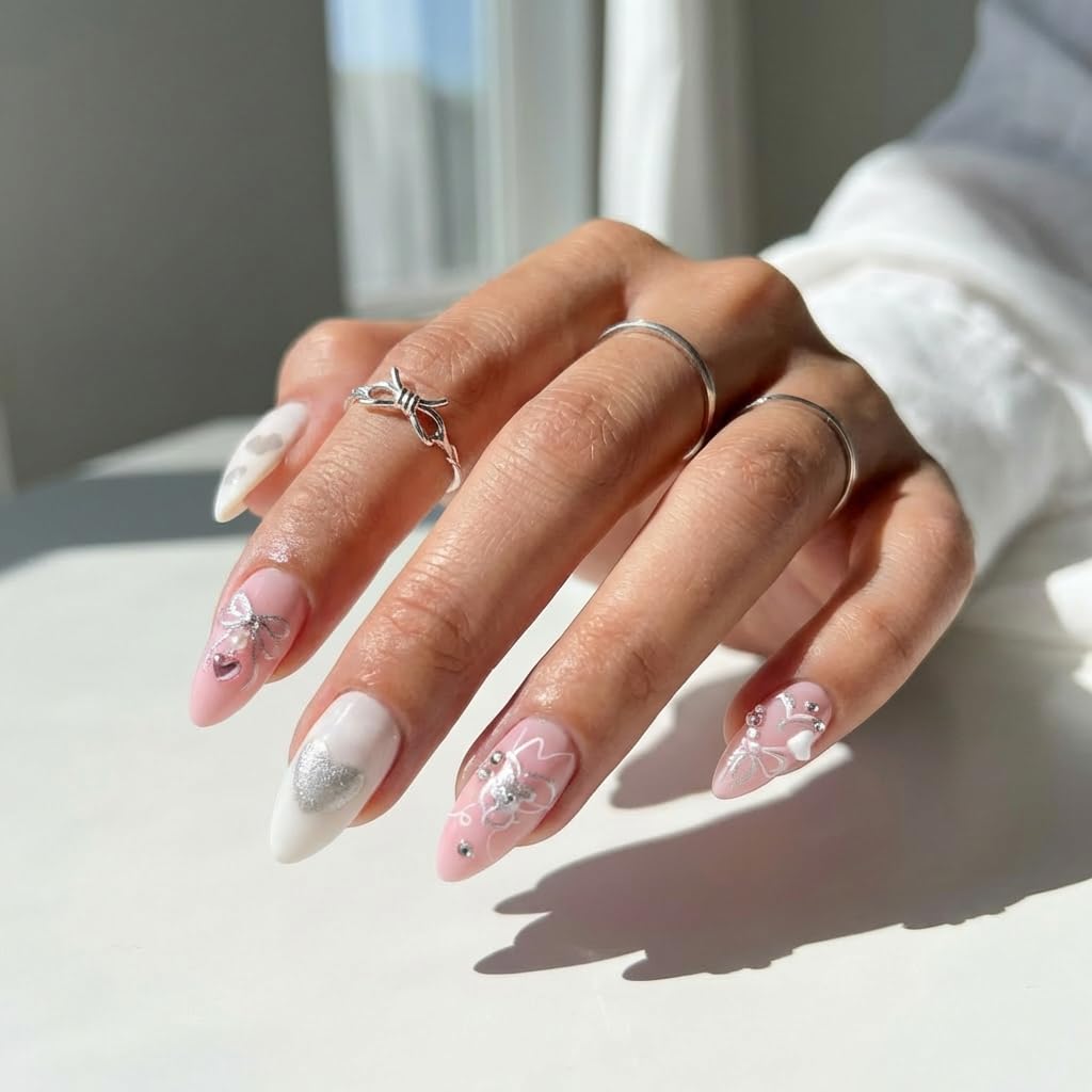 Never Have I Ever Hearts of Pearls Short Almond Press On Nails 24 Piece Soft Gel False Nails for Everyday Wear Reusable Comfortable Fit for Women As Seen on Shark Tank