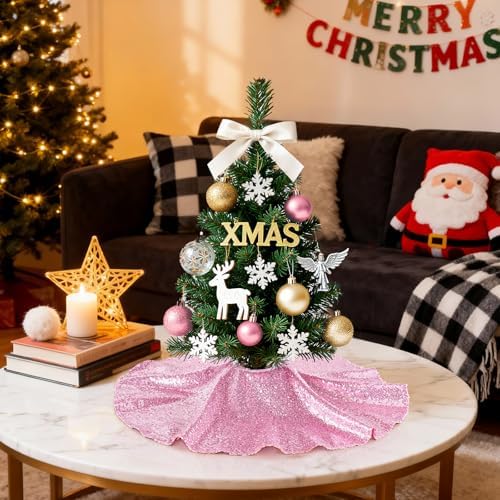 Mini Christmas Tree Skirt 24 Inch Pink Tree Skirt Small Sequin Mat Fabrics
