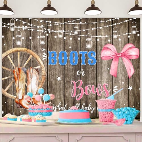Sensfun Boots or Bows Gender Reveal Backdrop Boy or Girl Baby Shower Party Decorations Rustic Wooden Cowboy Boots Pink Bow Photography Background Western Gender Reveal Banner Photo Booth Props 6x4ft - size: 6x4ft