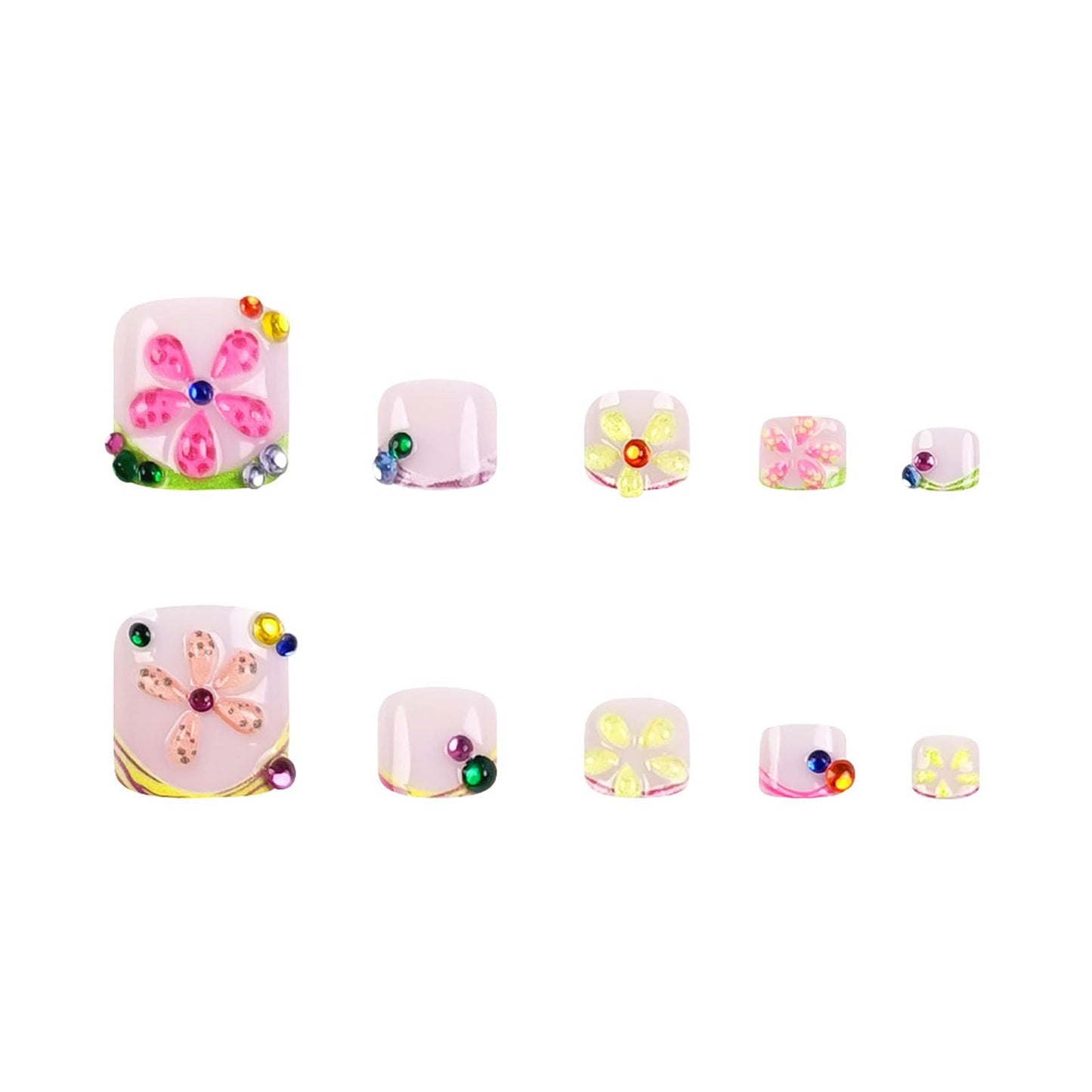 RUOKEXIN Short Press on Toenails French Tip Fake Toenails with 3D Flower Rhinestones Designs Square Toe Nail Press ons Glossy Artificial Nails for Women 24Pcs