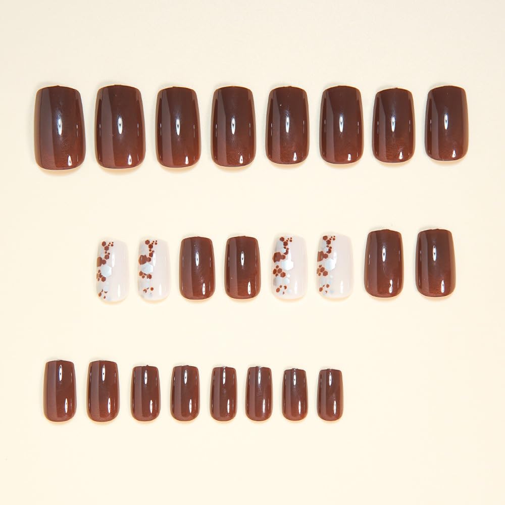 Square Press on Nails Short Fake Nails Brown Acrylic Full Cover Glossy Stick on False Nail for Women 24PCS