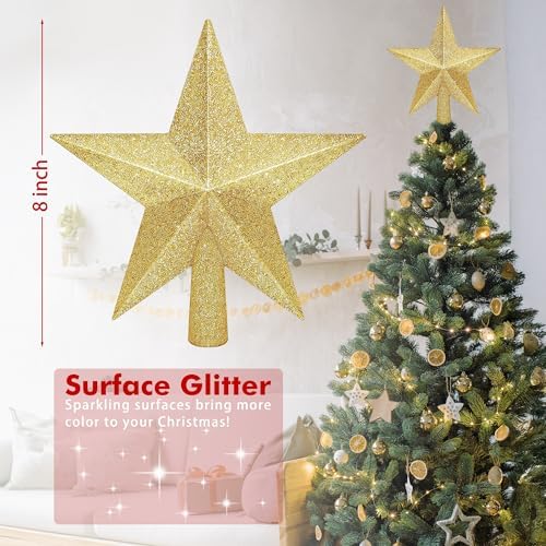 Christmas Tree Star Topper, 8" Gold Glitter Xmas Star Tree Decorations, 3D