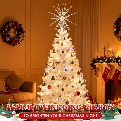 Meonum LED Starburst Christmas Tree Topper with Timer, Silver, 16inch