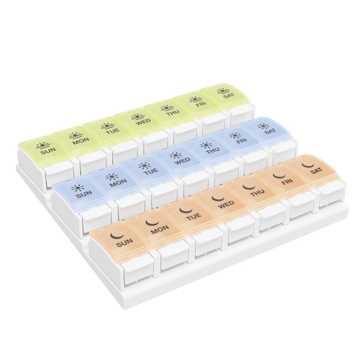 EZY DOSE Weekly (7-Day) Pill Case, Daily Medicine Planner, Vitamin Organizer Container, Large Push Button Compartments, Easy to Use, 3 Times a Day, Spring Open Design, Pastel Rainbow Lids, BPA Free