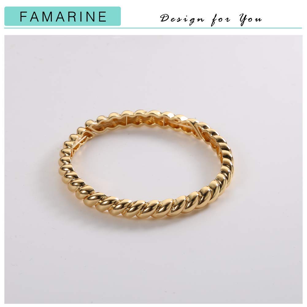 FAMARINE Twisted Thin Bangle for Women, Vintage Stretchable Elastic Bangle Couples Love Bracelets, 14K Gold Plated