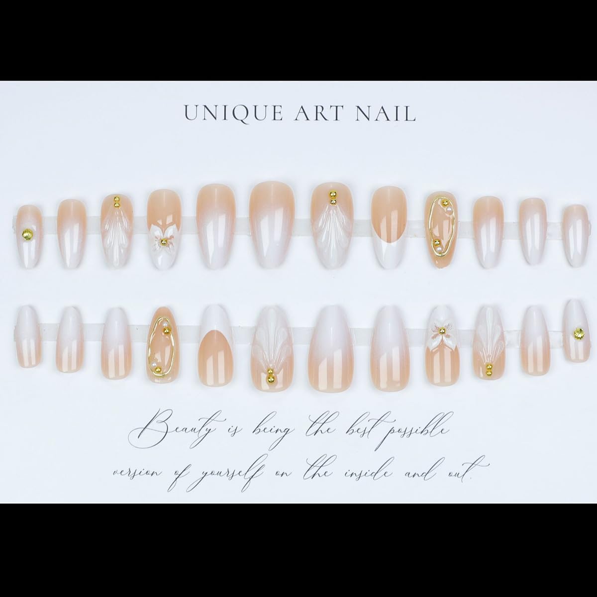 OHWODA Almond Shape Plastic False Nails, 24pcs Set, Glossy Finish, Classic Elegant French Tip, Reusable with Jelly Sticker, Perfect for Parties & Gifts