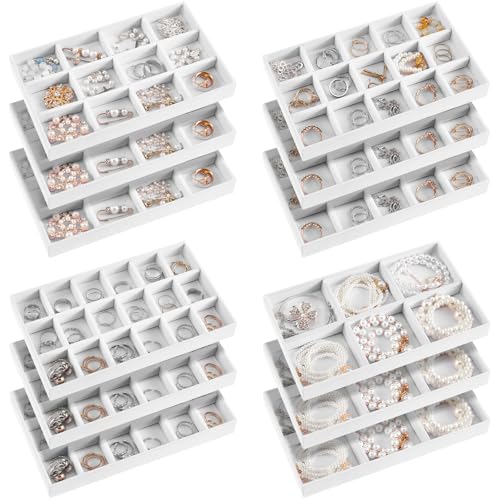 Junkin 12 Pcs Jewelry Tray Velvet Stackable Jewelry Organizer Trays Divided Earring Accessories Storage Containers Box (Rose Red) - color: White