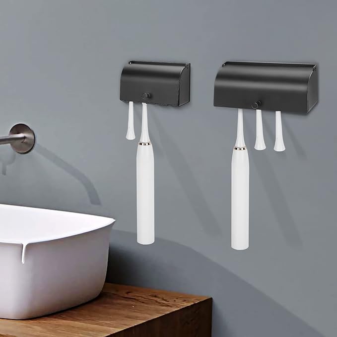 4-Slot Stainless Steel Toothbrush Holder with Cover - Wall Mounted, Dustproof, Self-Adhesive, Rustproof Bathroom Organizer for Toothbrush Storage (Black)