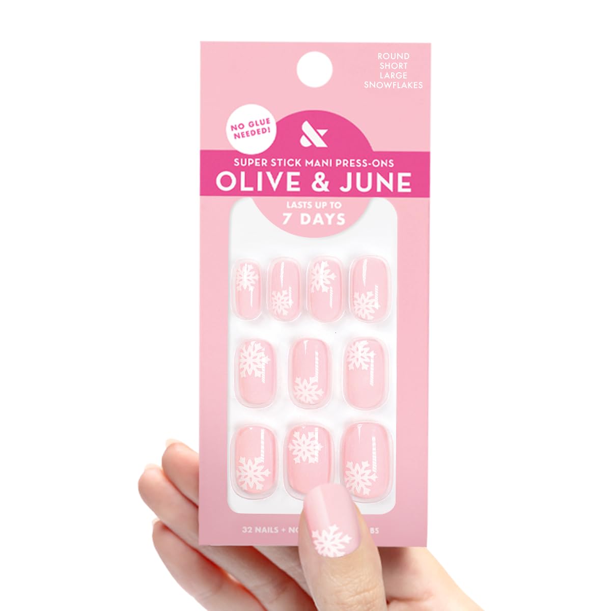 Olive & June Classic Super Stick Mani Press On Nails | No Glue Needed | 32 Tab Nails 16 Sizes | Non-Toxic Tabs Easy On-Off Non-Damaging Realist Look | 7-Day Wear | Short, Squoval | Large Snowflakes