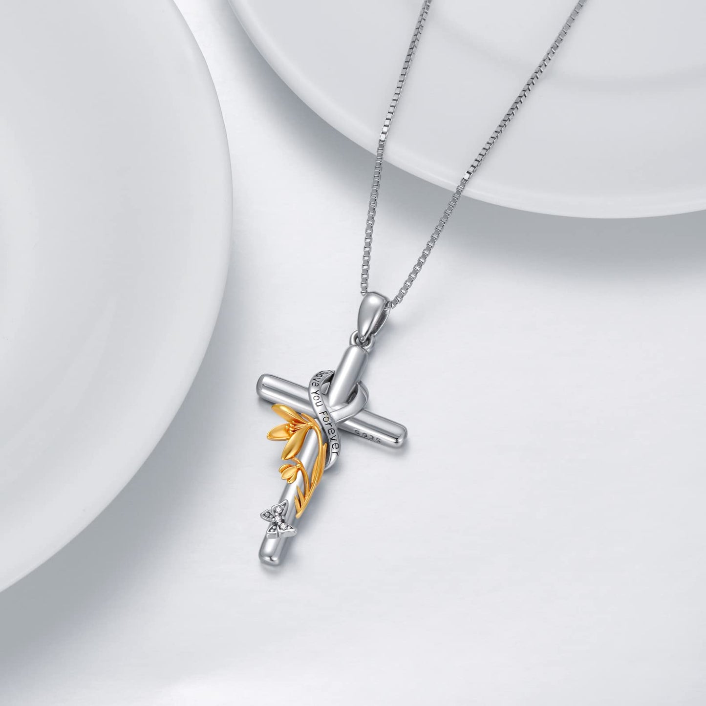 Flpruy Sterling Silver Birth Flower Necklace Birth Flower Cross Necklace Floral Pendant