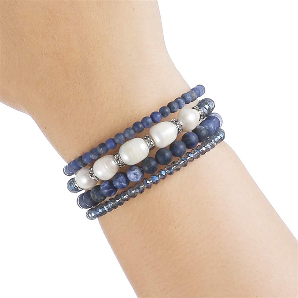 Beaded Freshwater Pearl Chakra Bracelet - Multi Strand Wrap Bracelet with Natural Crystal Agate Beads, Birthday Gifts for Women(29-Navy Blue)