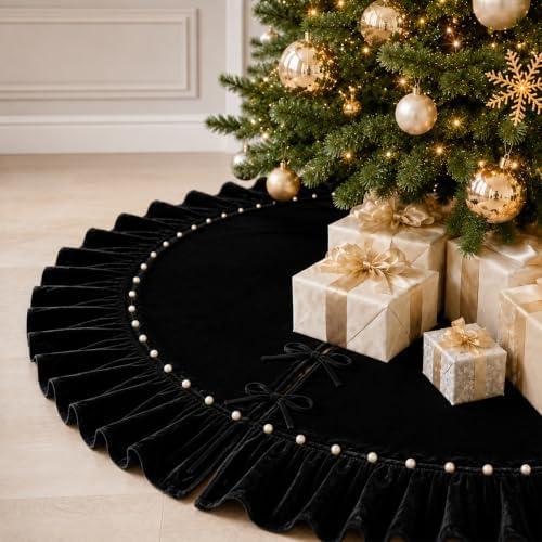 Christmas Tree Skirt,Velvet Tree Skirt with Ruffled Edge with Pearls, Classic Large Velvet Fur Plush Tree Skirt for Merry Christmas(Black,48Inch)