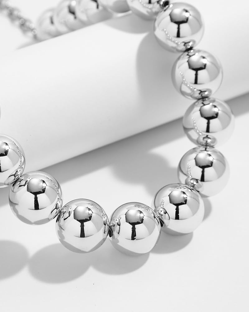 FAUTHENTICUTE Chunky Silver Beaded Choker Necklace for Women Adjustable Collar with Large Silver Beads Trendy Statement Necklace Boho Summer Beach Jewelry Gifts