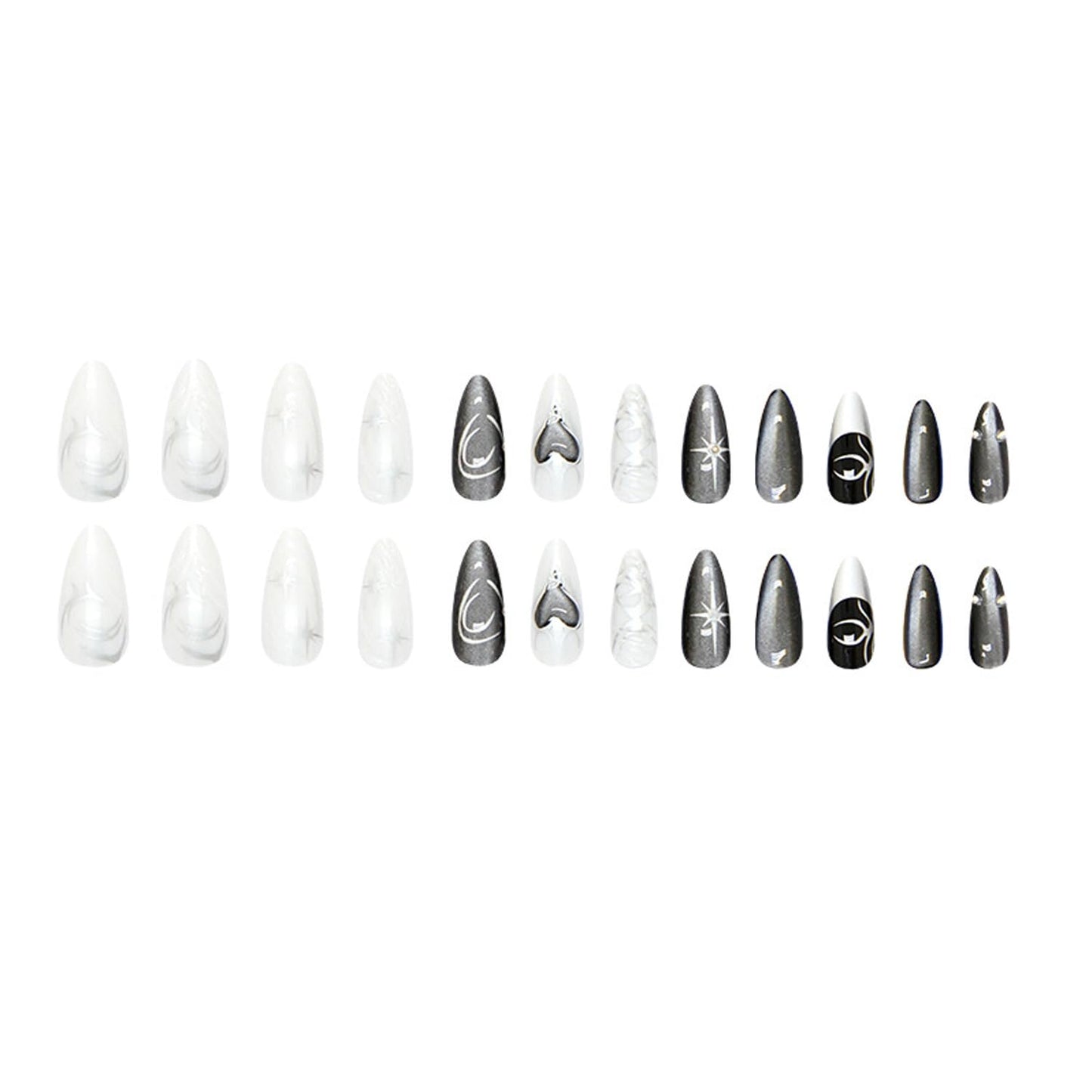 Black Press on Nails Medium Length Almond Fake Nails Silver Sparkling Star Gothic Dark Black Style Press on Full Cover Glossy Acrylic Nails Stick on Nails Nails Art Decoration for Women 24Pcs