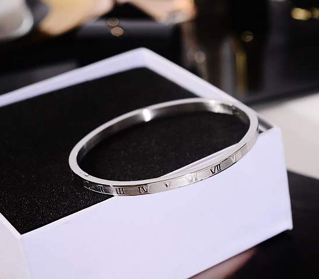 Jarlinwel Gold Silver Plated Bracelets for Men Women Roman Numeral Bangle Bracelet Stainless Steel Personalized Engraved Unisex Gift (Silver 4mm Womens)