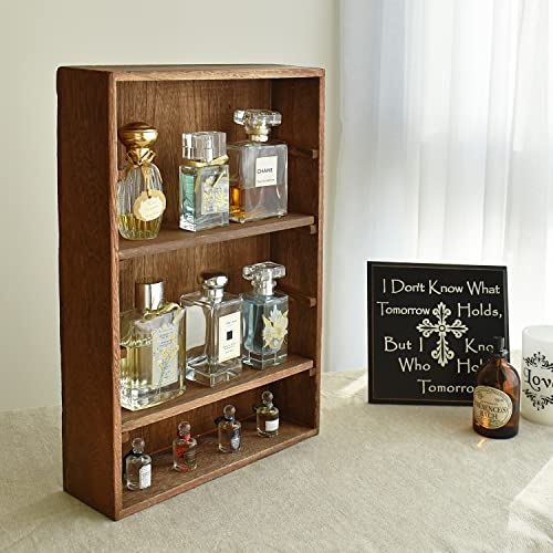 Ikee Design Wooden Wall-Mounted Display Shelves Rack for Collectibles-Figures,Shot Glasses,Spice Can,Cosmetics or Perfume-5 Adjustable Height Shelves,Space-Saving- Brown Color - color: Brown, 5 Shelves