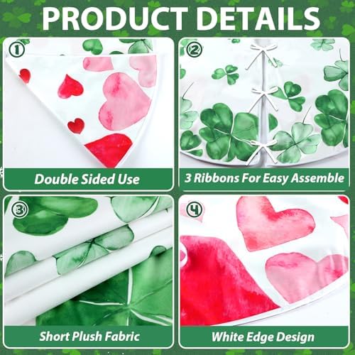 Double-Sided St. Patrick's Day/Happy Valentines Tree Skirt 36In Short Plush Lucky Shamrock Love Heart Tree Mat Festive Watercolor Style Mat for Home Office Tabletop Tree Spring Holiday Decor