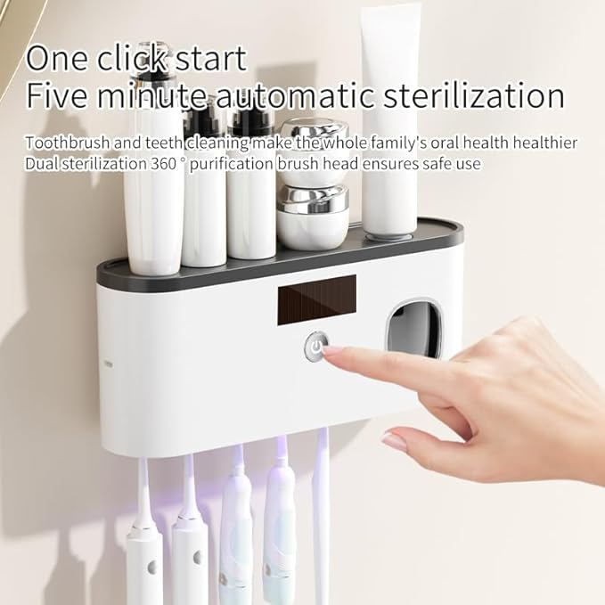 Toothbrush Holders for Bathrooms, Toothbrush Holder Wall Mounted with Toothpaste Dispenser Bathroom Solar Charging and No Drilling Required Tooth Brush Holder with 5 Brush Slots（Gray）