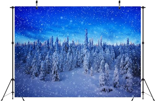 BELECO 10x6.5ft Fabric Winter Snow Forest Backdrop Snowy Pine Forest Snowflakes Blue Winter Wonderland Background Christmas Party Decorations Banner Photo Video Props - size: 10x6.5FT