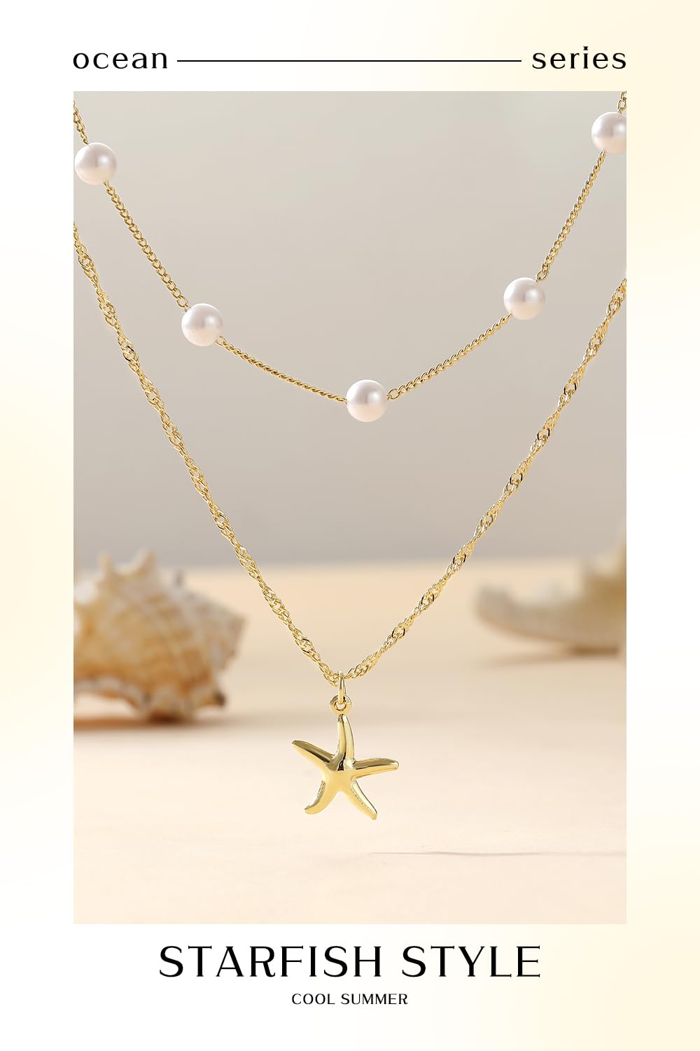 Beach Layered Starfish Necklace for Women, 14K Gold Plated Shell Conch Seashell & Pearl Charm Pendant, Dainty Coastal Summer Vacation Jewelry