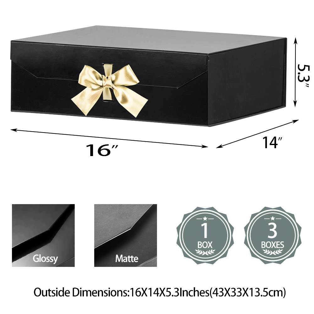 GoooodGift Extra Large Black Gift Box 16x14x5.3 Inches, Big Gift Box with Lid Magnetic Closure, Groomsman Proposal Box, Rectangle Collapsible Gift Boxes for Clothes (Glossy Black)