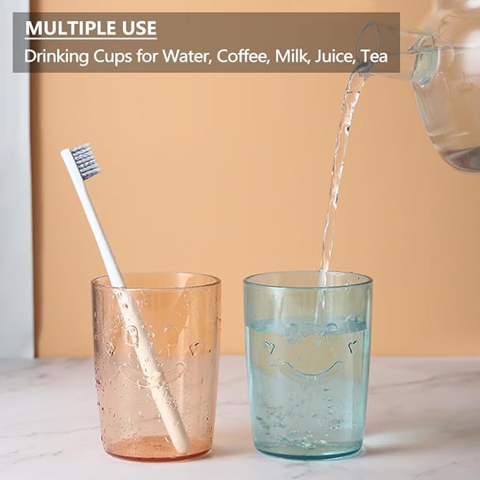 4Pcs Bathroom Tumbler Toothbrush Cups, Smiley Unbreakable Toothbrush Holders, Reusable Drinking Cups Plastic Mouthwash Cup Bathroom Brushing Cup 300ml (4 Colors), Beige, Blue, Gray, Brown