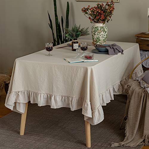 GLORY SEASON Retro Farmhouse Ruffle Tablecloth Cotton Flounces Trim Washable Table Cover Tablecloths for Rectangle Table Baby Shower Kitchen Party Wedding Decor 60''x84'' - size: 60" x 84" (Rectangular)