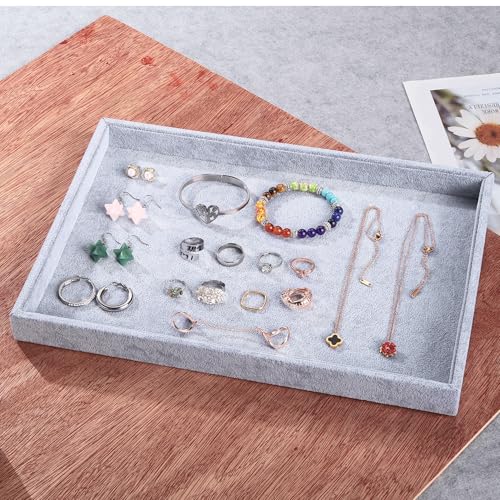 2 Pcs 13.8" x 9.5" Velvet Jewelry Tray Jewelry Display Tray Flat Tray, Stackable Empty Plate Trays for Earrings Necklaces Bracelet Rings Display Showcase - Grey - color: Grey, size: Flat Tray 13.8"x9.5"