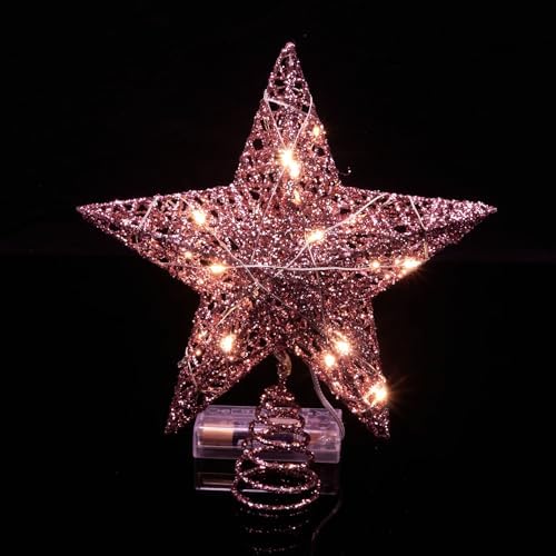 Emopeak 20 LED Christmas Tree Topper, 8 x 10 Inch Indoor Iron Art Star Treetop Light, Two Modes (Keep Light ON/Flash) (Pink, 8"/20CM)
