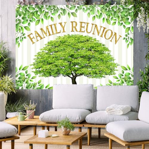 Family Reunion Backdrop, Family Tree Members Theme Photo Backdrop Vinyl 10x10ft Green Tree Family Gather Welcome Party Photography Backdrops Rod-Pocket Props, BJLSGU98 - size: 10x10ft