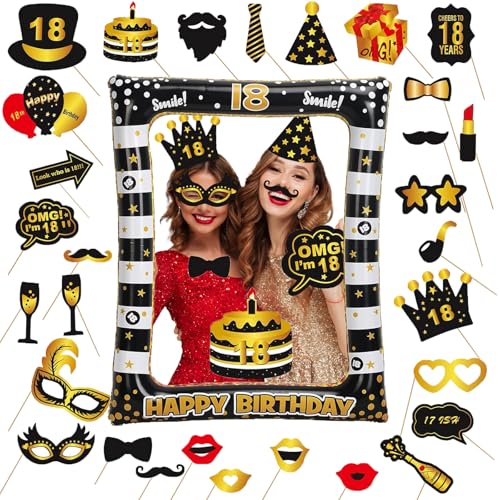 18th Birthday Photo Booth Props, Black Gold Inflatable Photo Booth Frame, 30PCS Photo Booth Props for Party Selfie Party Decorations and Gifts - size: 18th Birthday Inflatable Frame