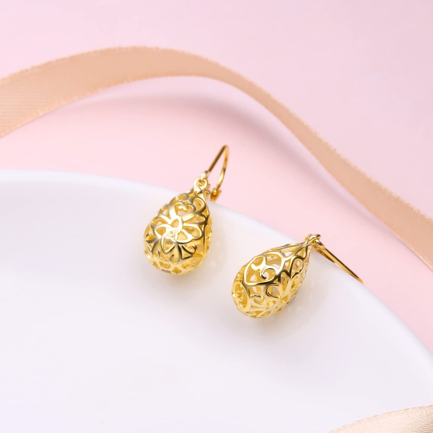 SHAOAN 925 Sterling Silver Filigree Dangle Drop Earrings Gold Plated Celtic Knot Leverback Teardrop Earrings for Women Mother’s Day