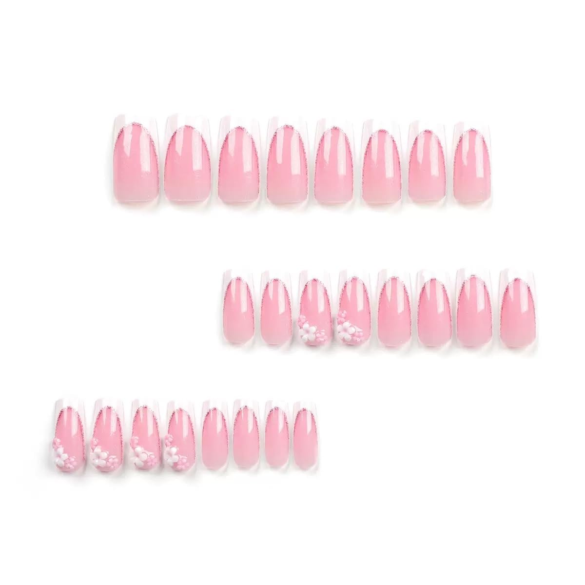 Long Press on Nails Square - White French Tip Fake Nails with Flower Chrams Design - Glossy Glitter Full Cover Stick on False Nails - for Women 24 Pcs