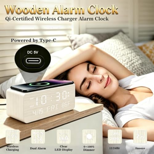 Premium White Wooden Digital Alarm Clock with Wireless Phone Charger, USB Charging Ports, Dimmable LED Display, Date & Day of Week, Temperature, Digital Desk Clock for Bedroom Nightstand Bedside Table