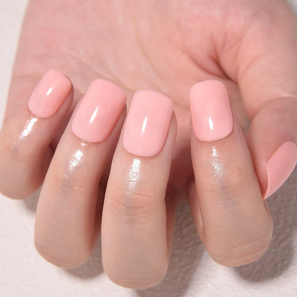 evpct Warm Pink Short Press on Nails Square, Glossy Soft Gel Acrylic Fake Press on Nails Manicure Kit, Reusable Artificial Stick on Nail for Women, Full Cover Easy Application Easy At-Home Salon